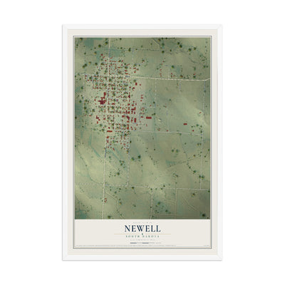 Map of Newell, South Dakota, 12 x 18 inch print in a white wood frame