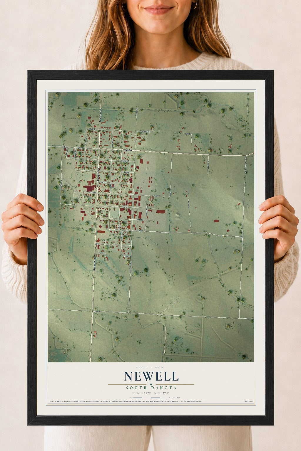 Map of Newell, South Dakota, 18 x 24 inch print in a black wood frame