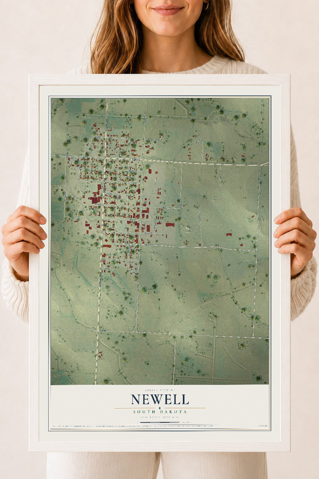 Map of Newell, South Dakota, 18 x 24 inch print in a white wood frame