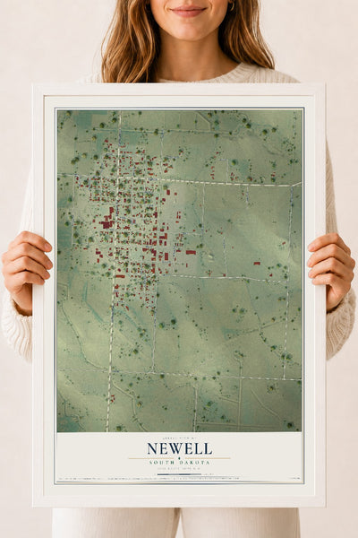Map of Newell, South Dakota, 18 x 24 inch print in a white wood frame