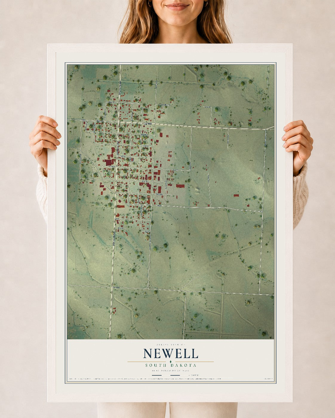 Map of Newell, South Dakota, 24 x 36 inch print in a white wood frame