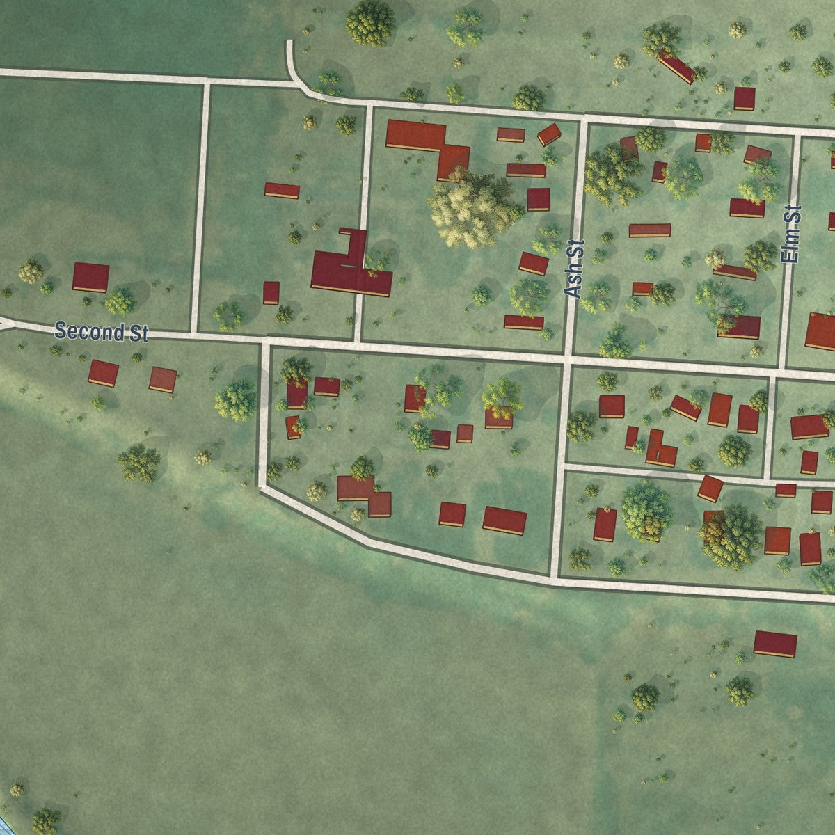Second close-up of the map of Nisland, South Dakota print showing more streets and buildings