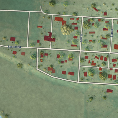 Second close-up of the map of Nisland, South Dakota print showing more streets and buildings