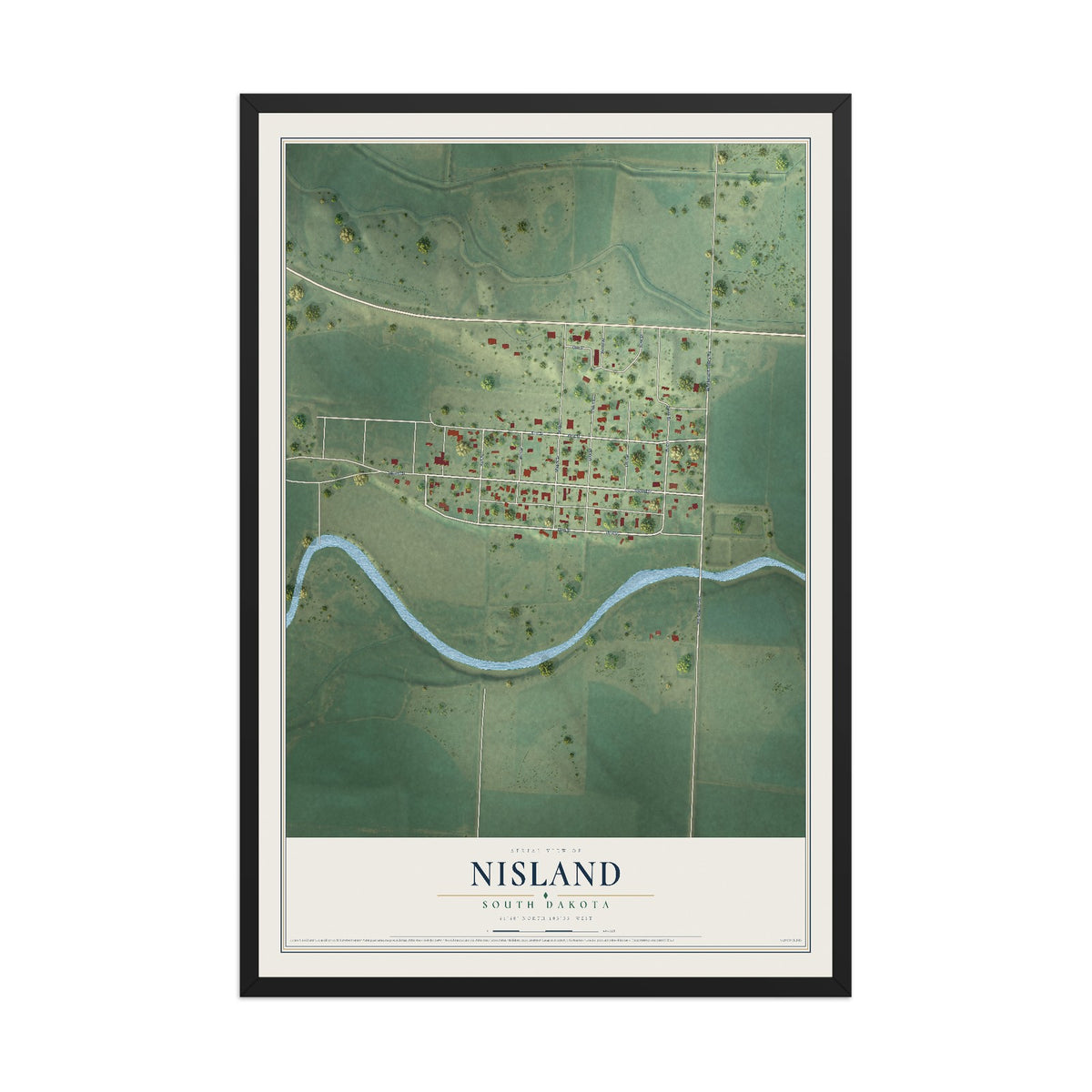 Map of Nisland, South Dakota, 12 x 18 inch print in a black wood frame