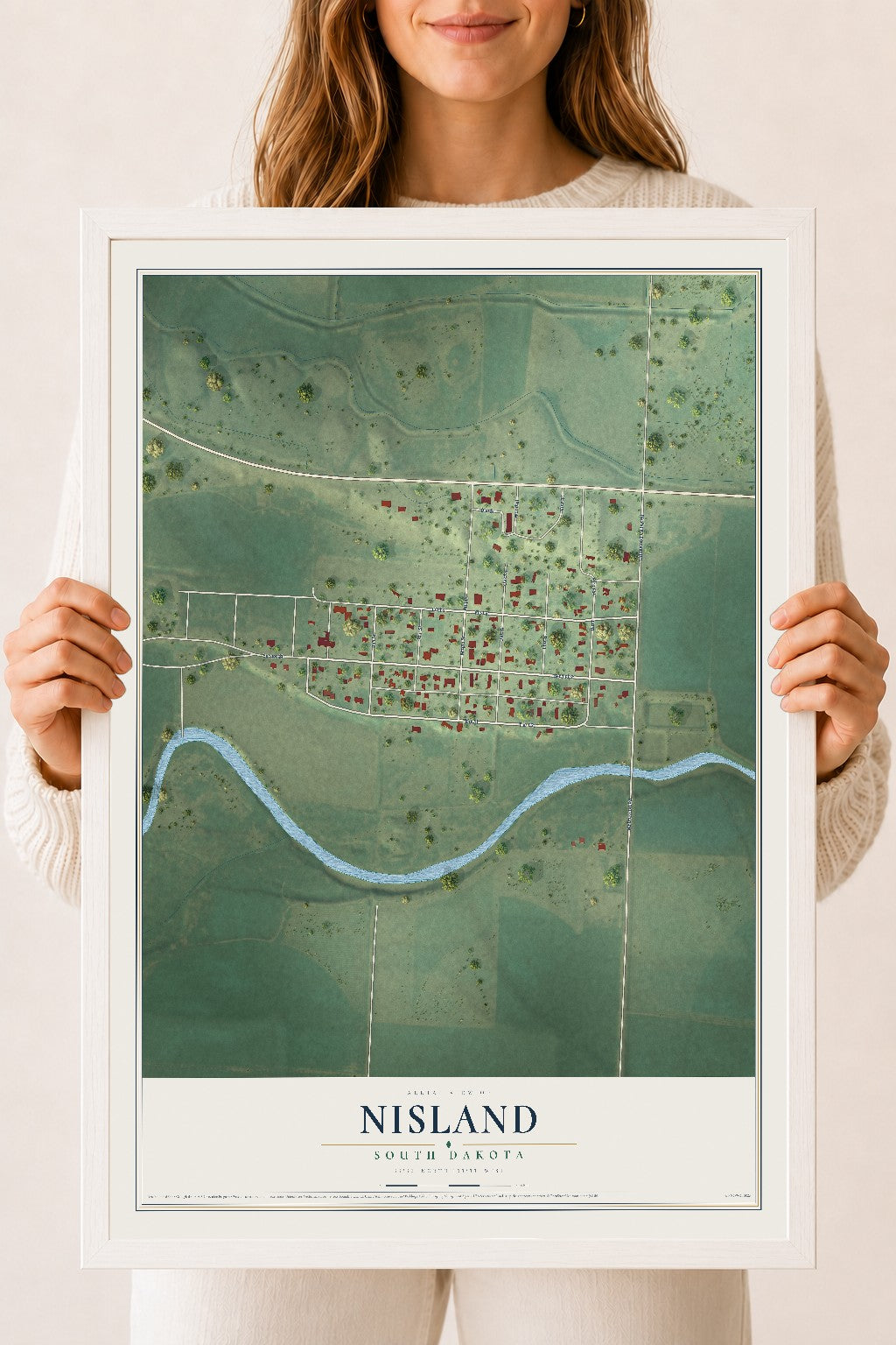 Map of Nisland, South Dakota, 18 x 24 inch print in a white wood frame
