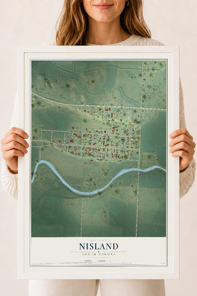 Map of Nisland, South Dakota, 18 x 24 inch print in a white wood frame