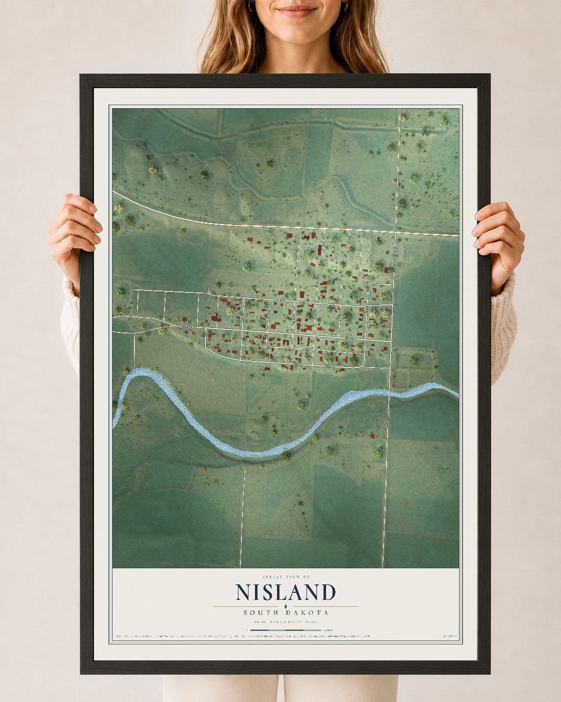 Map of Nisland, South Dakota, 24 x 36 inch print in a black wood frame