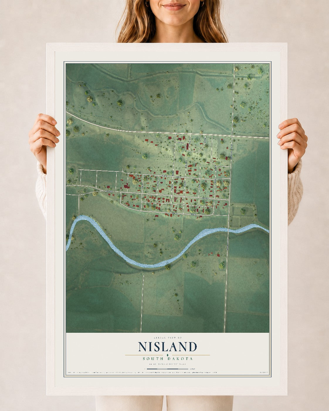 Map of Nisland, South Dakota, 24 x 36 inch print in a white wood frame