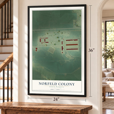 Norfeld Colony, South Dakota map, 24 x 36 inch print in a black frame by a staircase