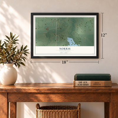 Norris, South Dakota map, 12 x 18 inch print in a black frame in an entryway