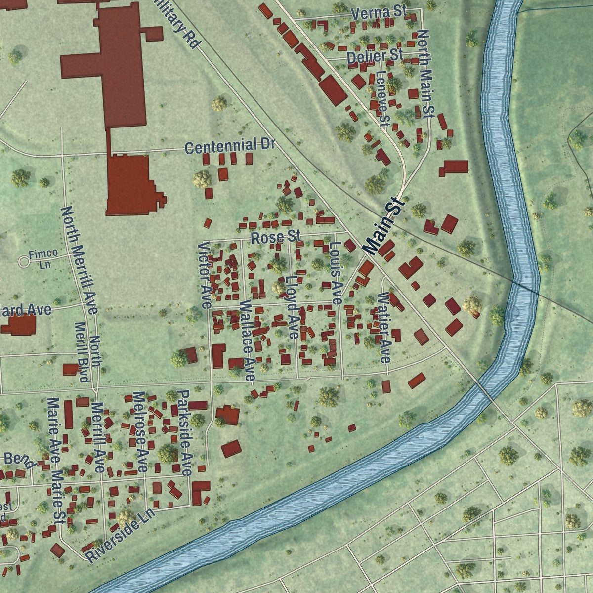 Second close-up of the map of North Sioux City, South Dakota print showing more streets and buildings