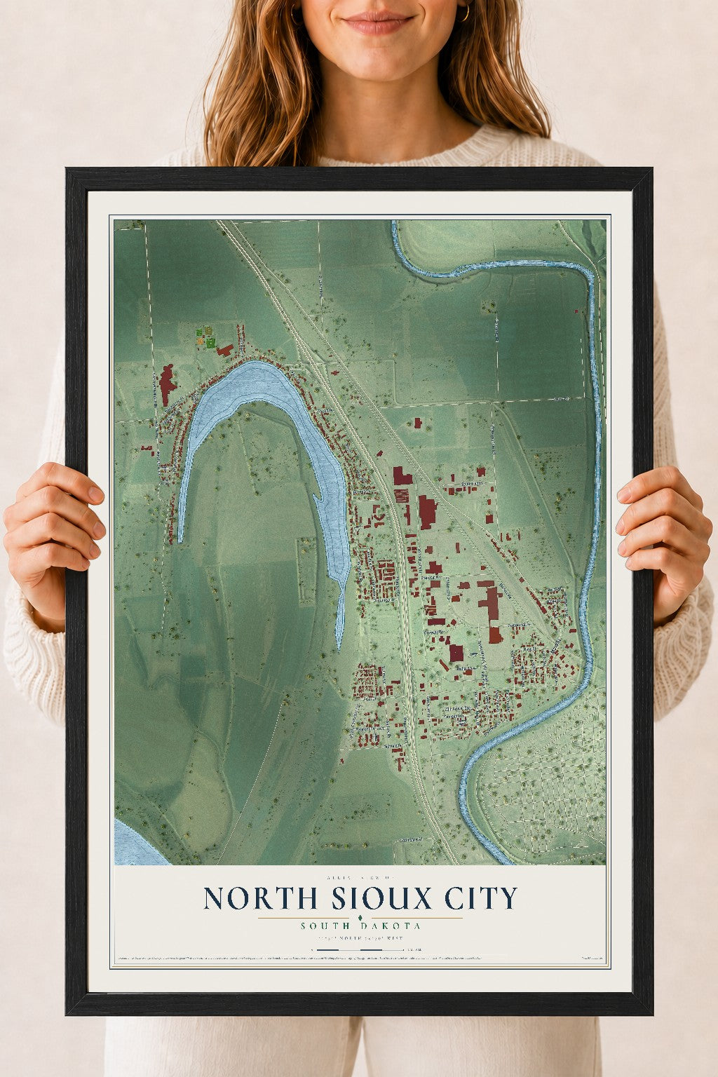 Map of North Sioux City, South Dakota, 18 x 24 inch print in a black wood frame