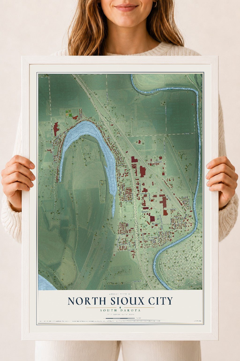Map of North Sioux City, South Dakota, 18 x 24 inch print in a white wood frame