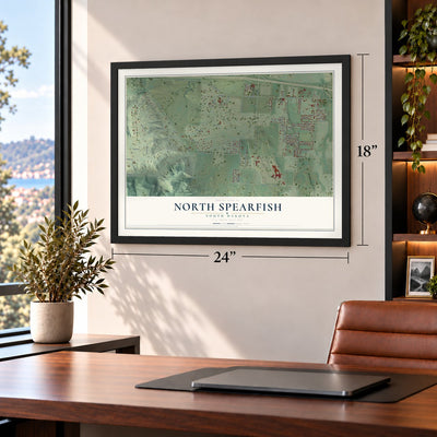 North Spearfish, South Dakota map, 18 x 24 inch print in a black frame in a home office