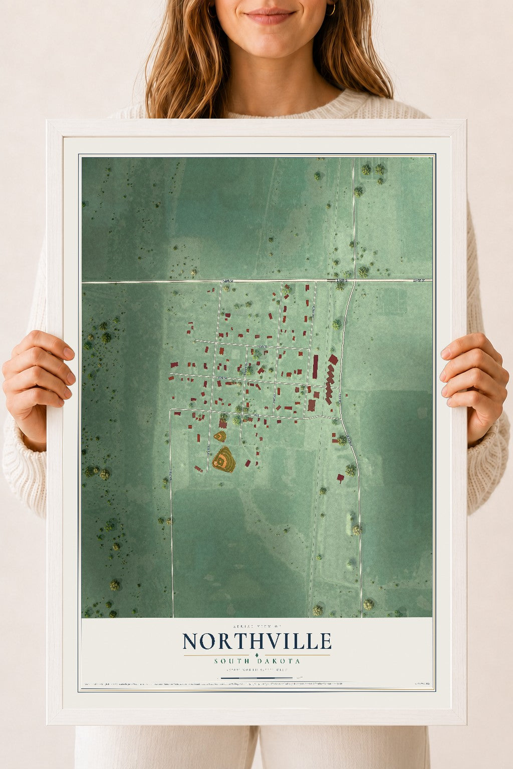 Map of Northville, South Dakota, 18 x 24 inch print in a white wood frame