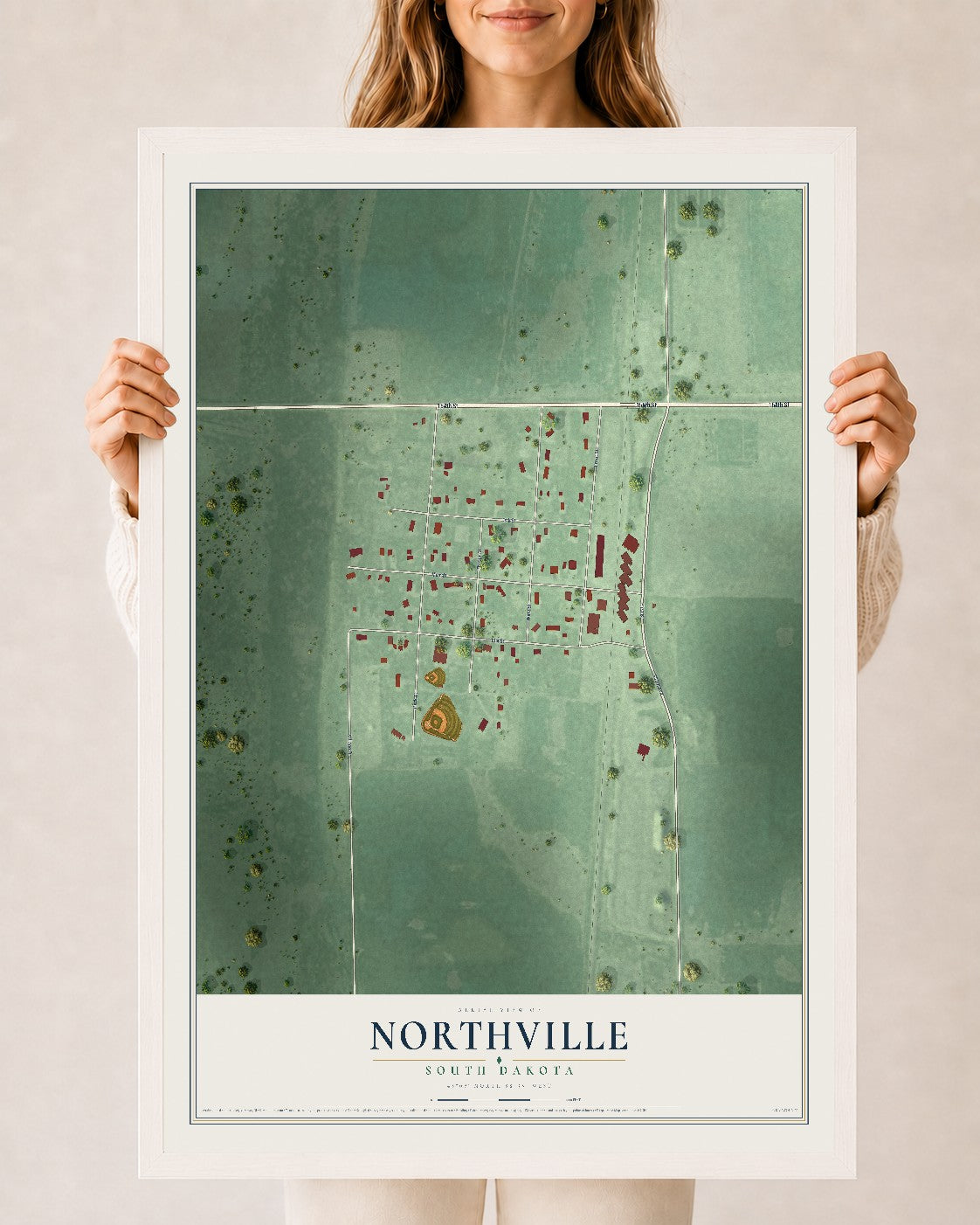 Map of Northville, South Dakota, 24 x 36 inch print in a white wood frame