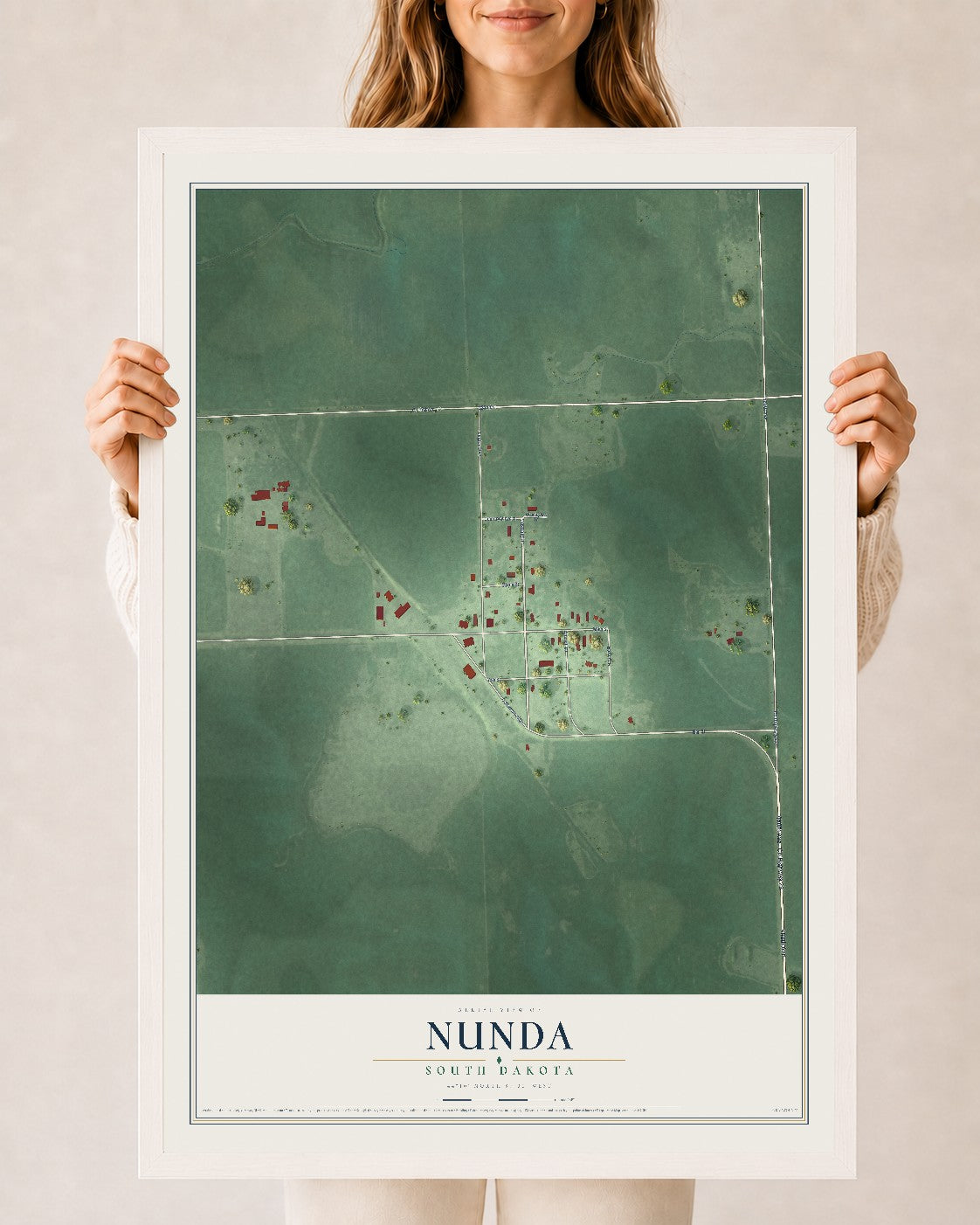 Map of Nunda, South Dakota, 24 x 36 inch print in a white wood frame