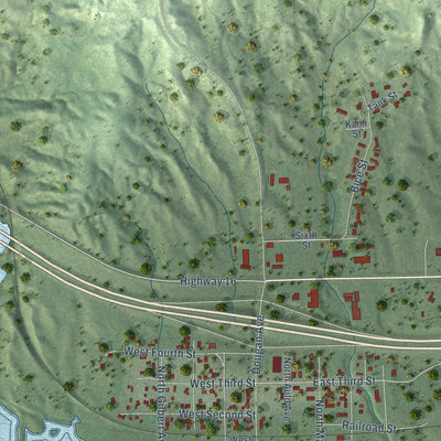 Close-up of the map of Oacoma, South Dakota print showing street and building detail