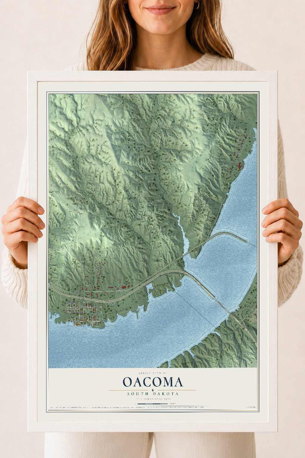 Map of Oacoma, South Dakota, 18 x 24 inch print in a white wood frame