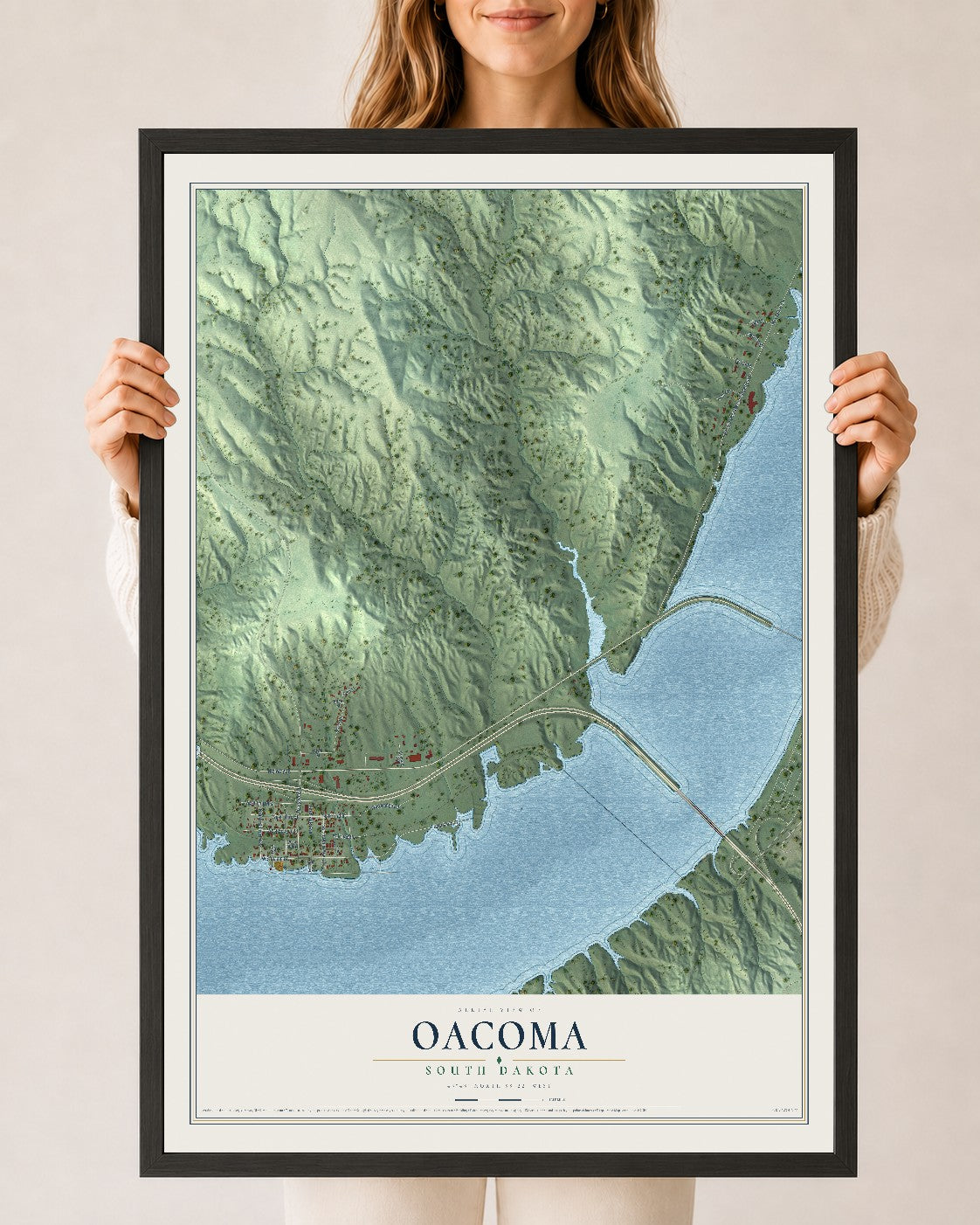 Map of Oacoma, South Dakota, 24 x 36 inch print in a black wood frame