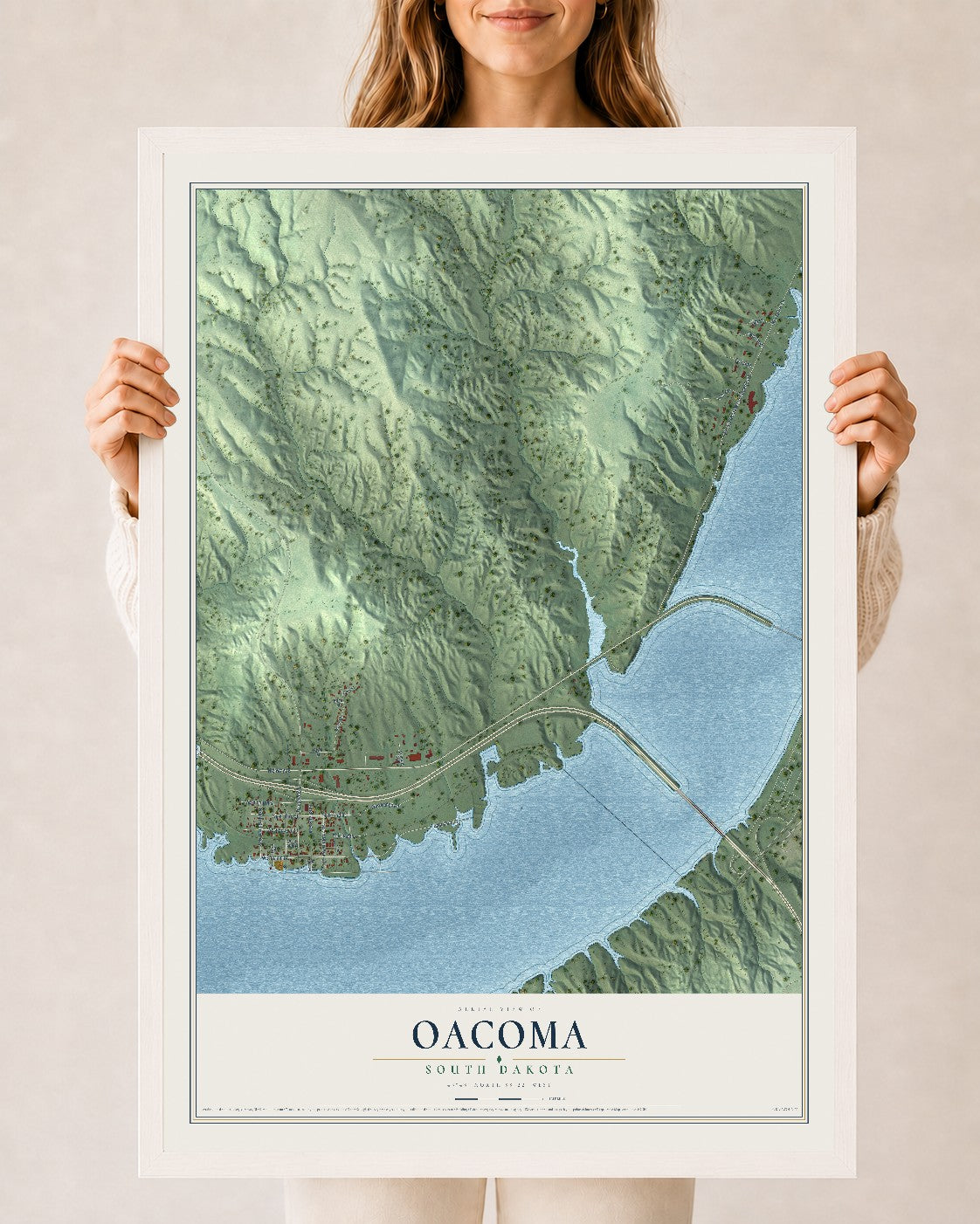 Map of Oacoma, South Dakota, 24 x 36 inch print in a white wood frame