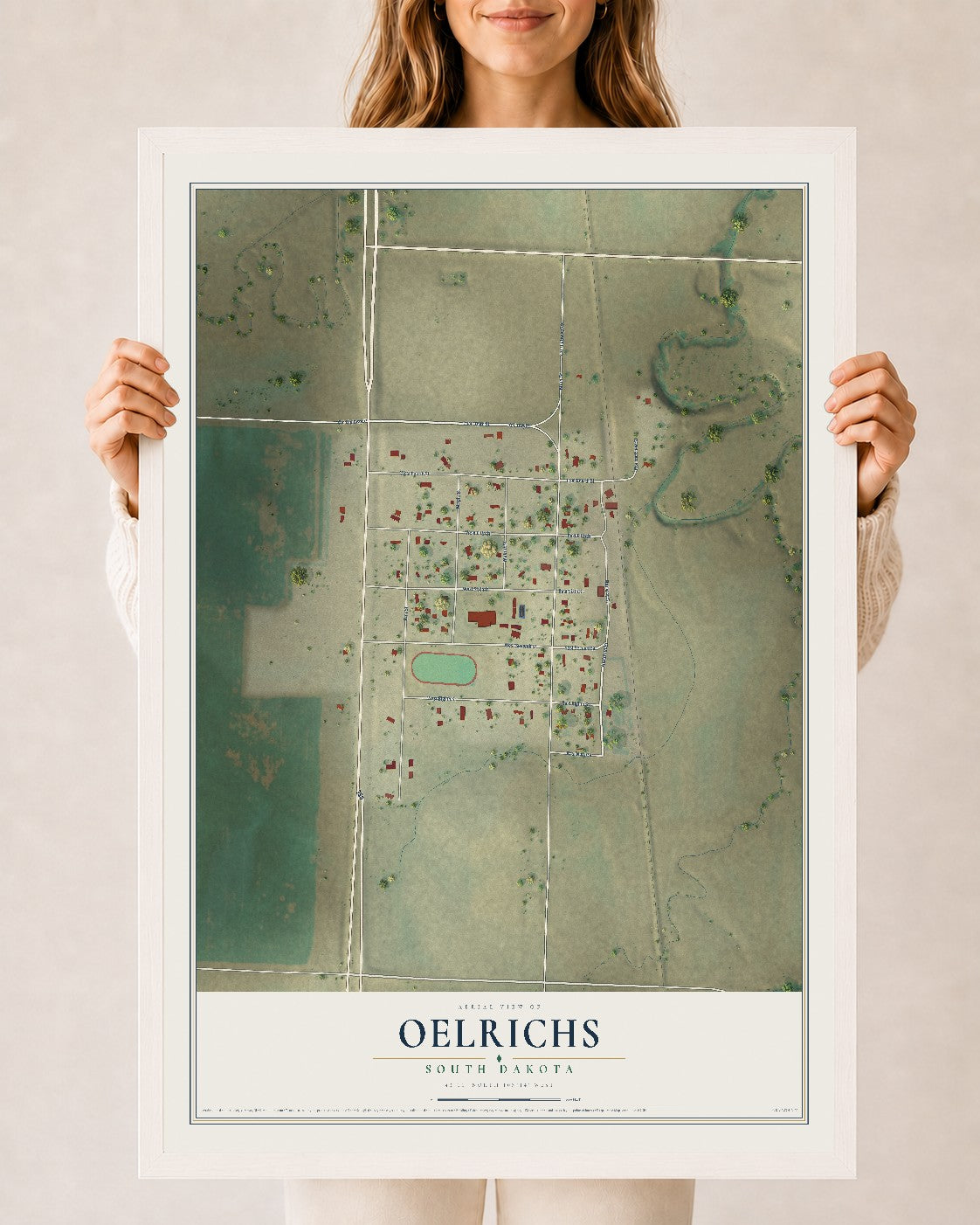 Map of Oelrichs, South Dakota, 24 x 36 inch print in a white wood frame