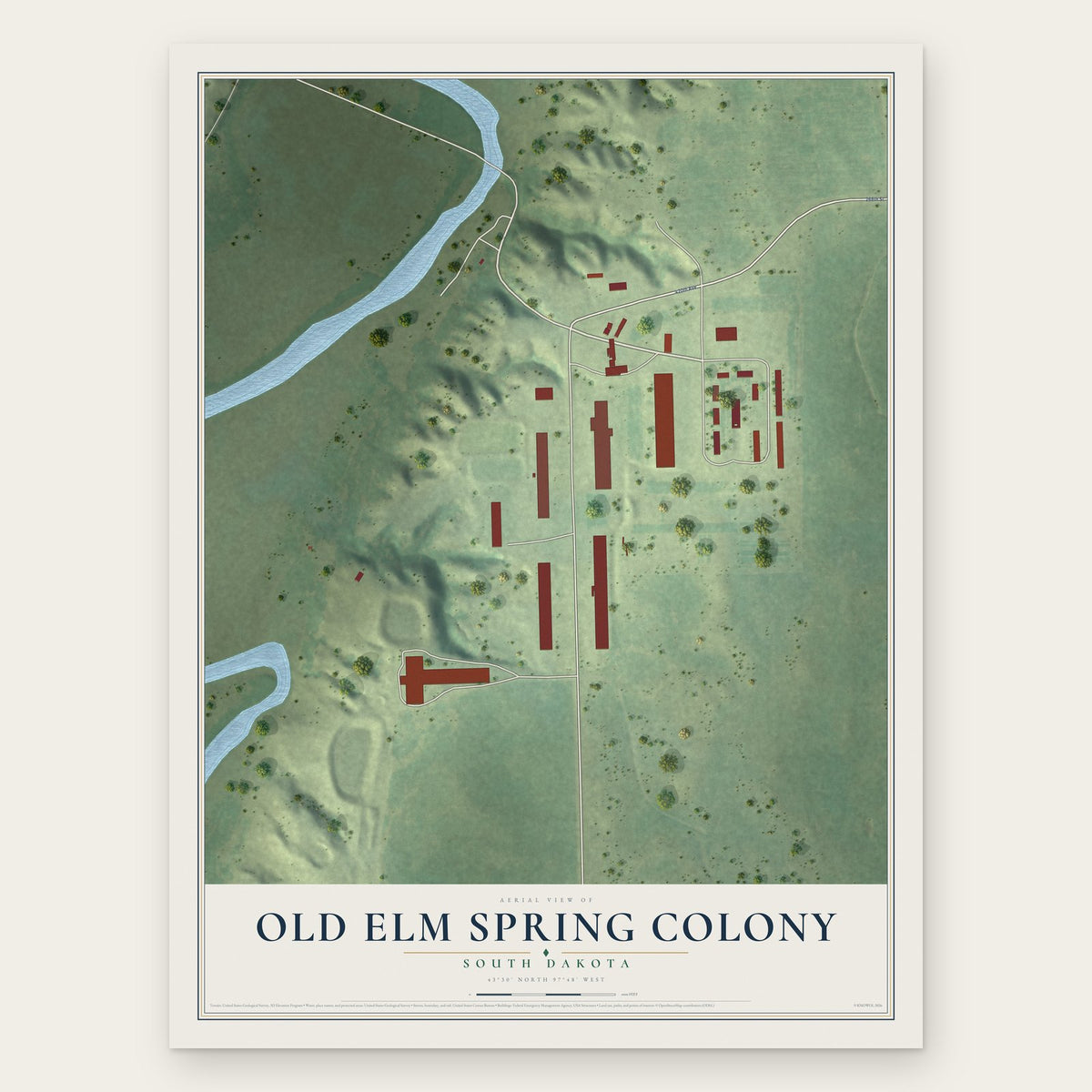 Old Elm Spring Colony, South Dakota map print, the full design