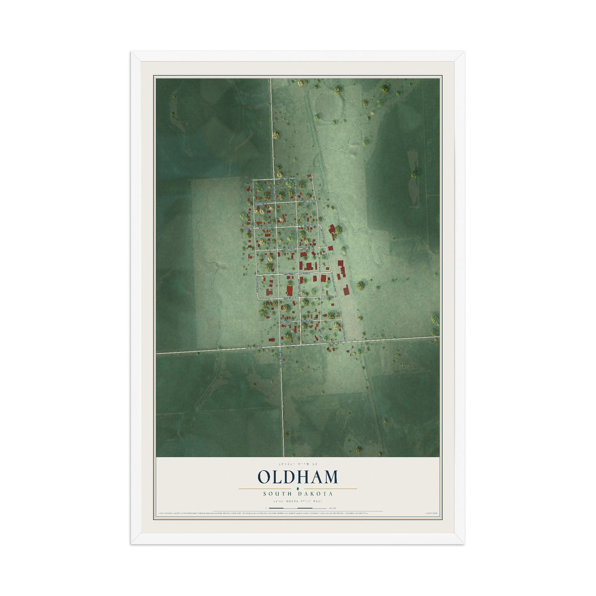 Map of Oldham, South Dakota, 12 x 18 inch print in a white wood frame