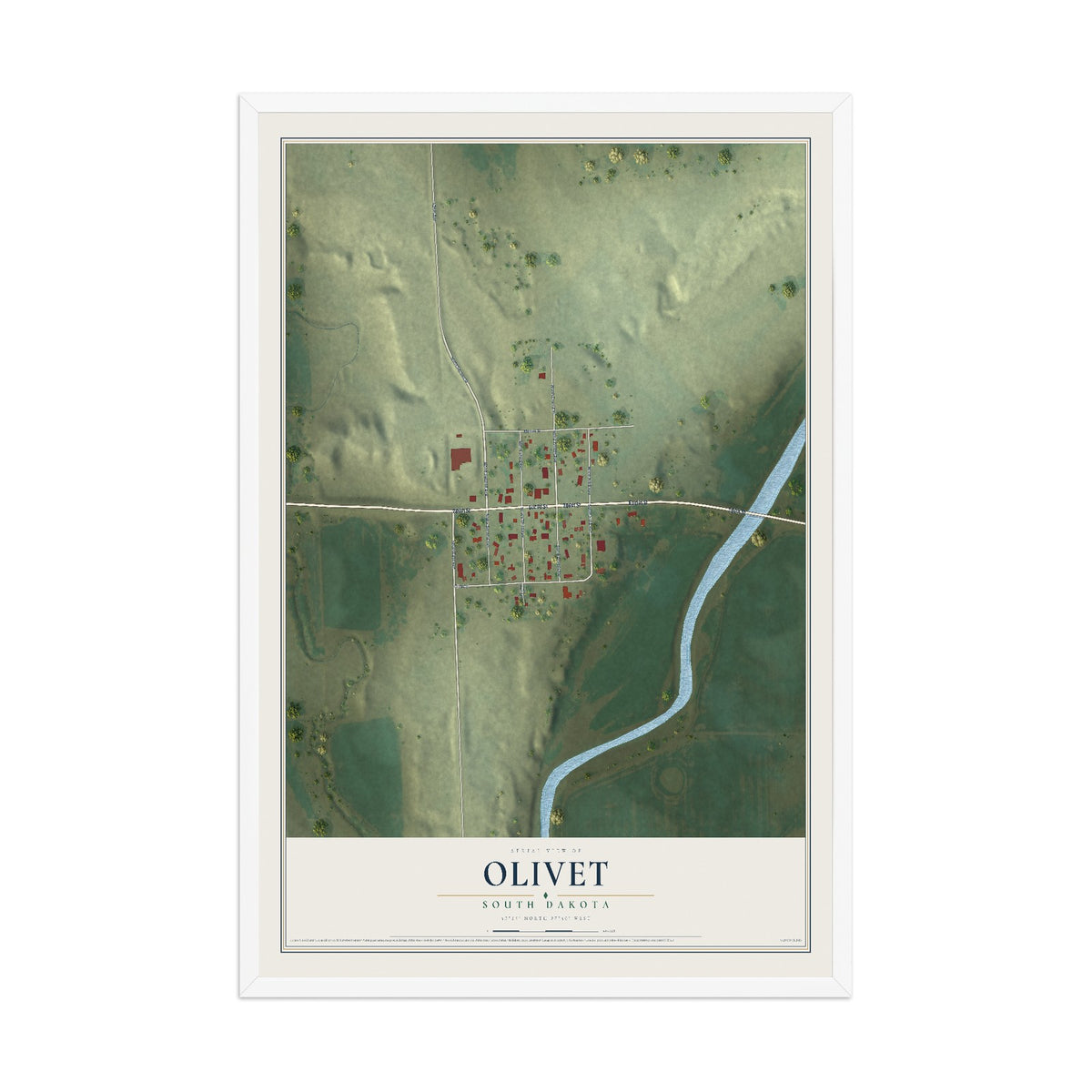 Map of Olivet, South Dakota, 12 x 18 inch print in a white wood frame