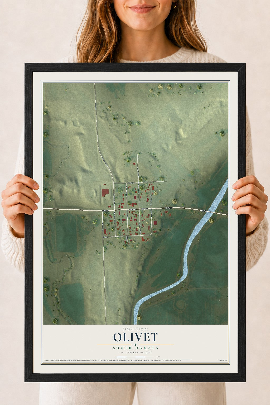 Map of Olivet, South Dakota, 18 x 24 inch print in a black wood frame