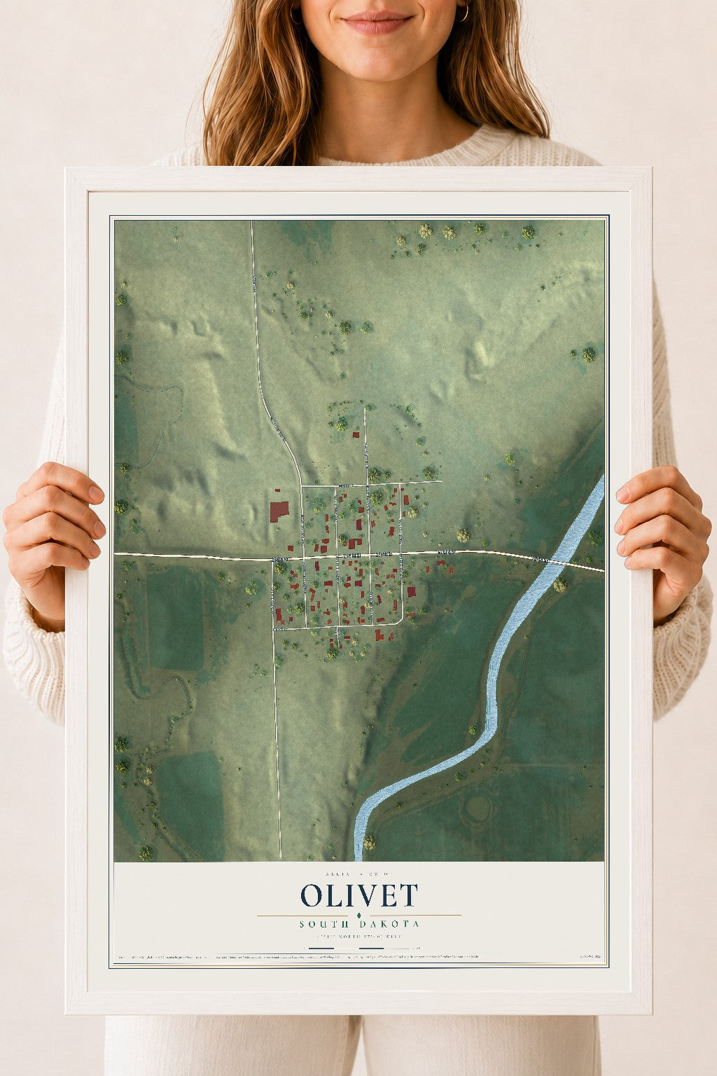 Map of Olivet, South Dakota, 18 x 24 inch print in a white wood frame