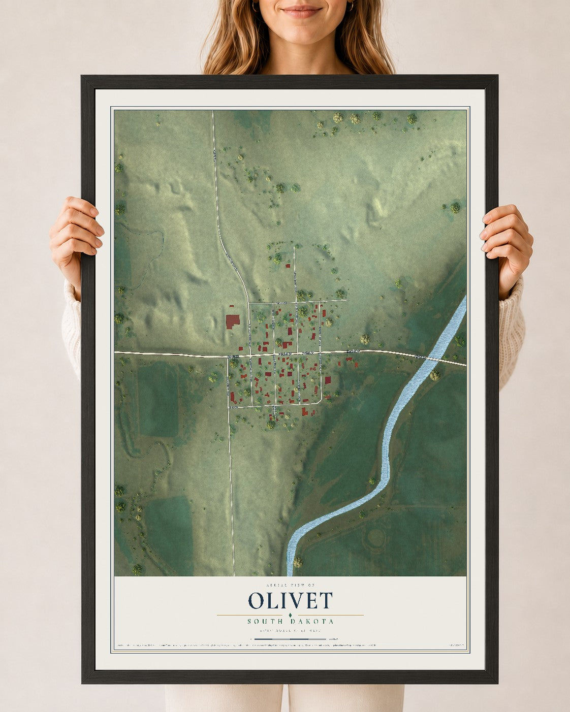Map of Olivet, South Dakota, 24 x 36 inch print in a black wood frame