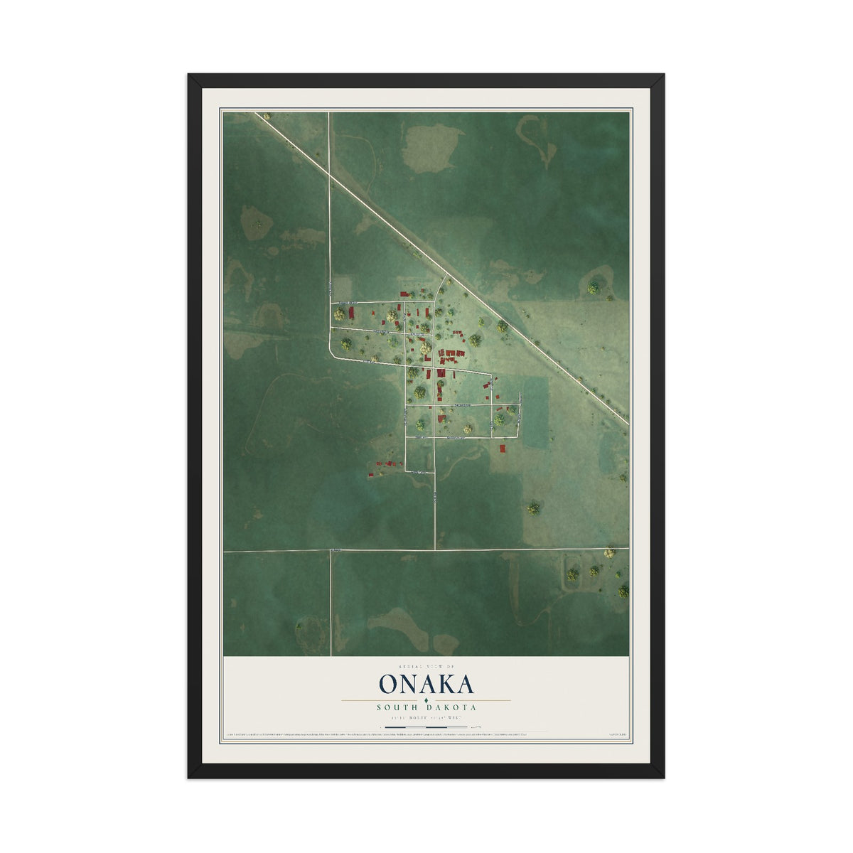 Map of Onaka, South Dakota, 12 x 18 inch print in a black wood frame
