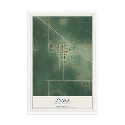 Map of Onaka, South Dakota, 12 x 18 inch print in a white wood frame