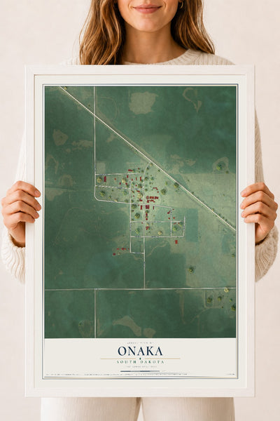 Map of Onaka, South Dakota, 18 x 24 inch print in a white wood frame