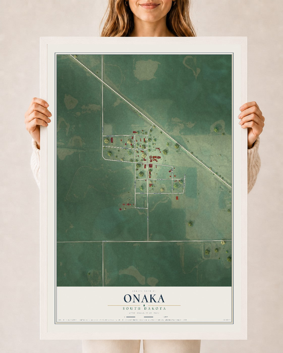 Map of Onaka, South Dakota, 24 x 36 inch print in a white wood frame