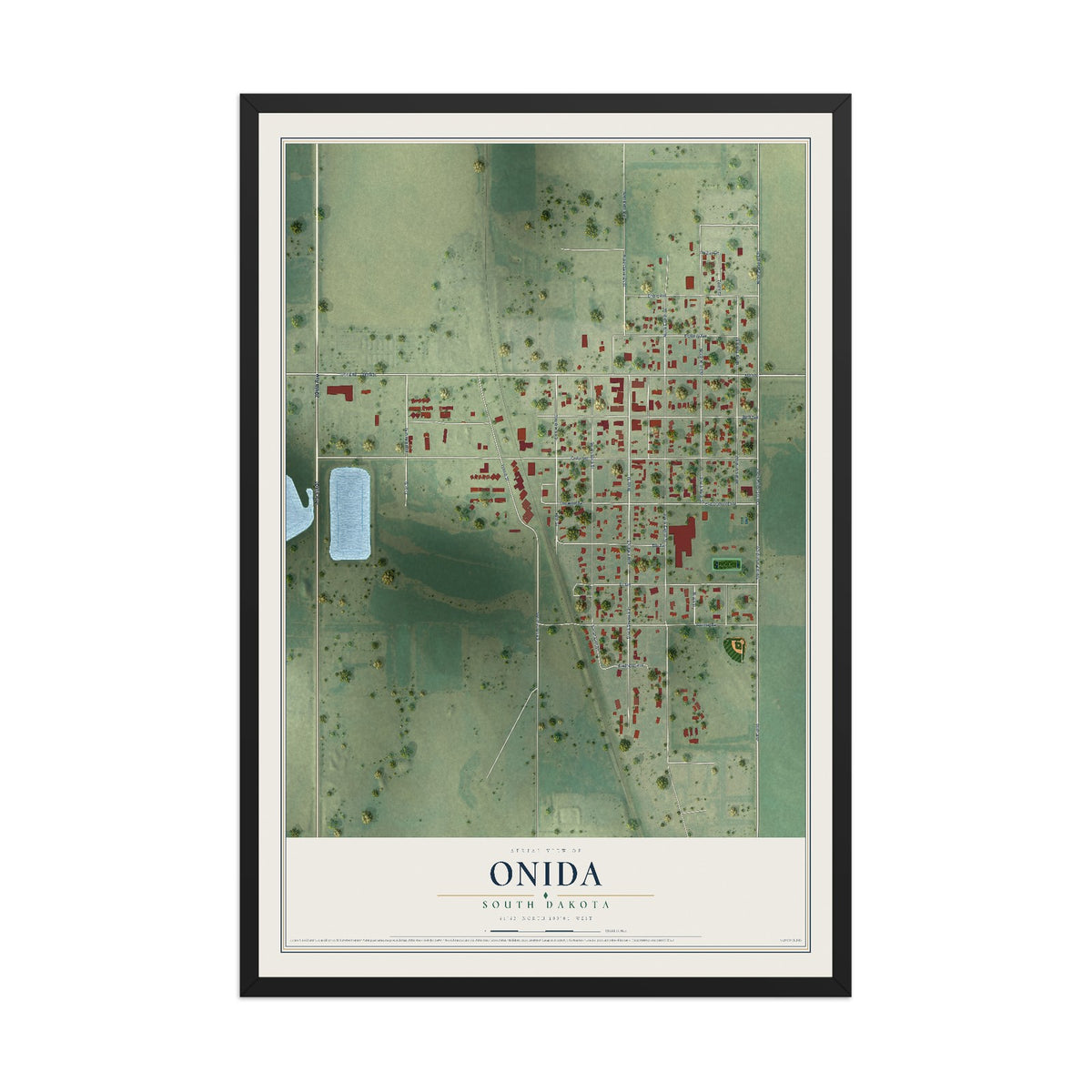 Map of Onida, South Dakota, 12 x 18 inch print in a black wood frame