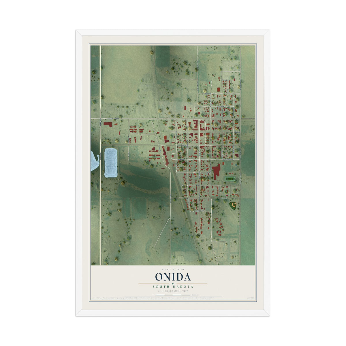 Map of Onida, South Dakota, 12 x 18 inch print in a white wood frame