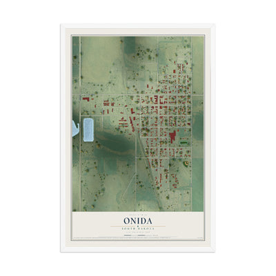 Map of Onida, South Dakota, 12 x 18 inch print in a white wood frame
