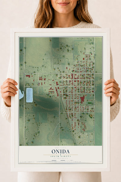Map of Onida, South Dakota, 18 x 24 inch print in a white wood frame