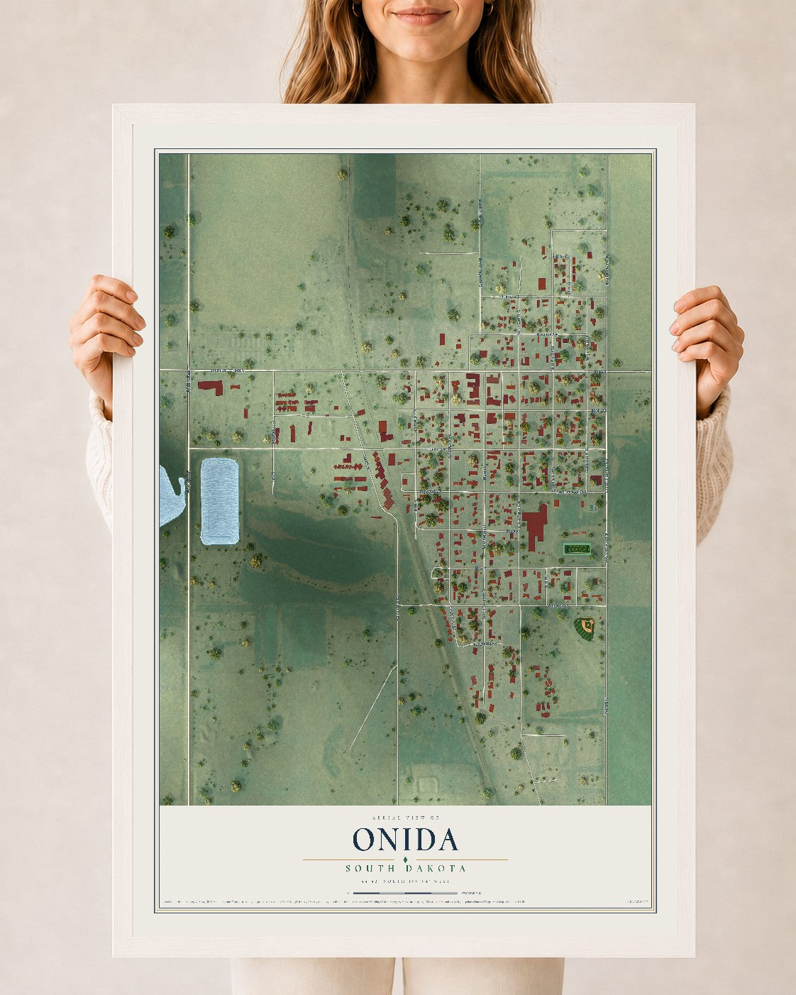 Map of Onida, South Dakota, 24 x 36 inch print in a white wood frame