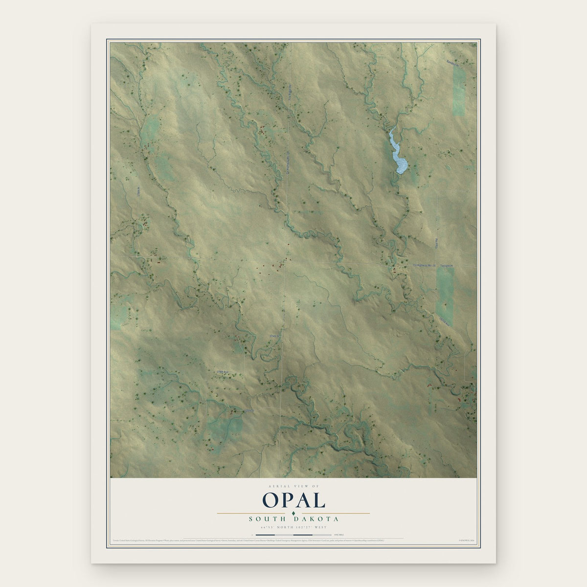 Opal, South Dakota map print, the full design