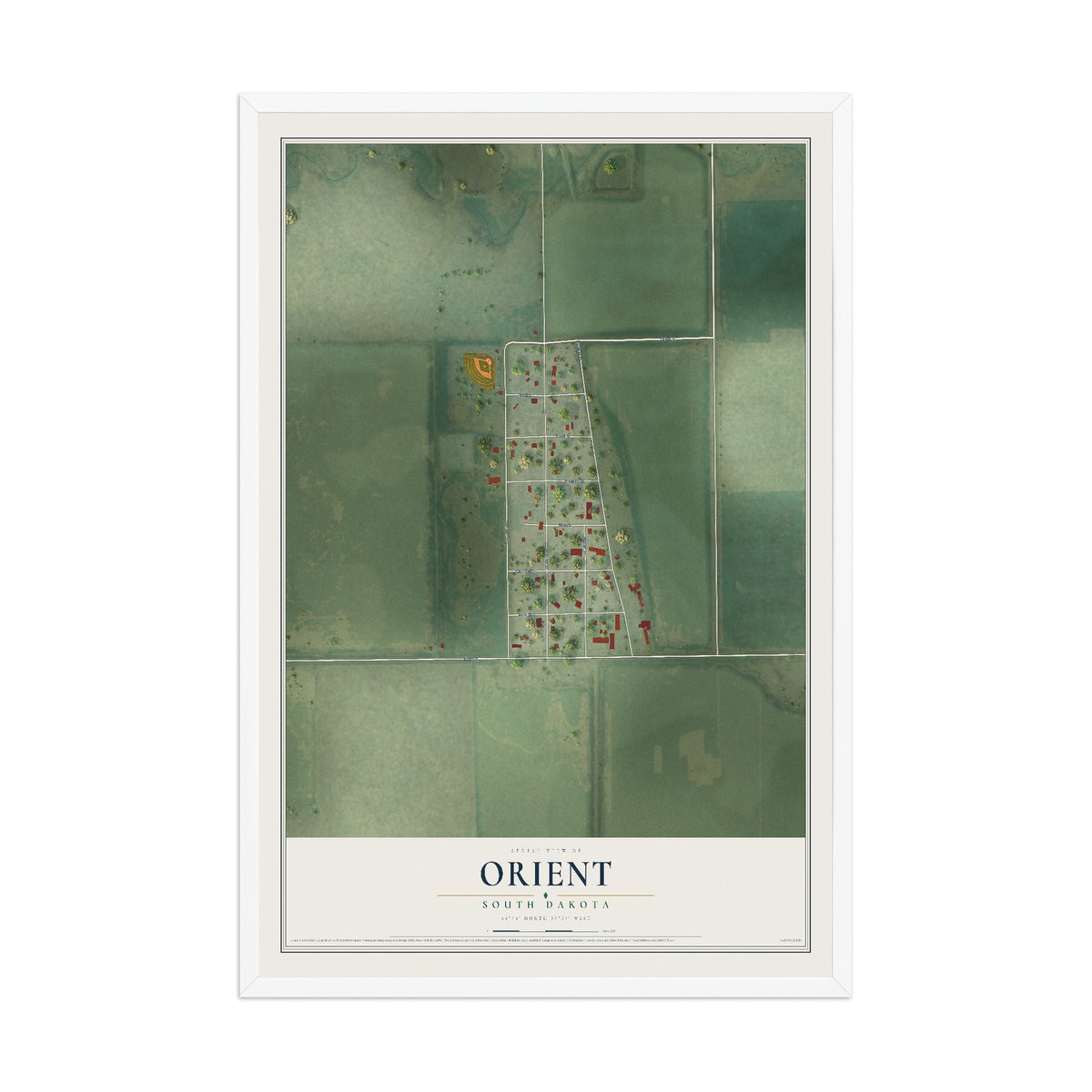 Map of Orient, South Dakota, 12 x 18 inch print in a white wood frame