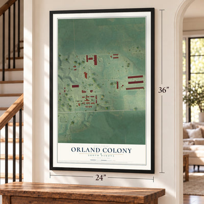 Orland Colony, South Dakota map, 24 x 36 inch print in a black frame by a staircase