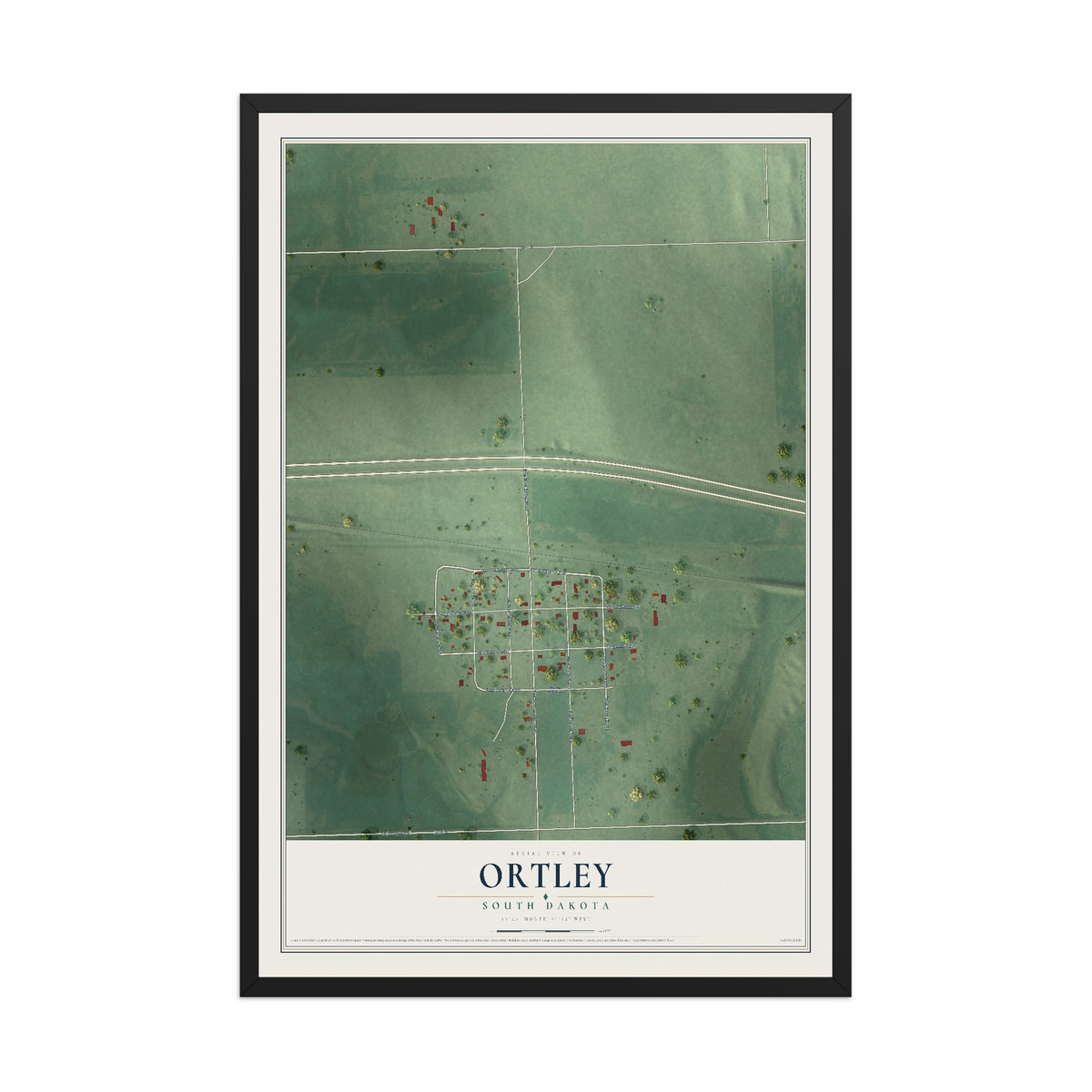 Map of Ortley, South Dakota, 12 x 18 inch print in a black wood frame