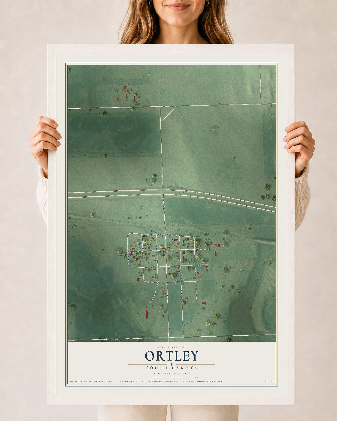 Map of Ortley, South Dakota, 24 x 36 inch print in a white wood frame