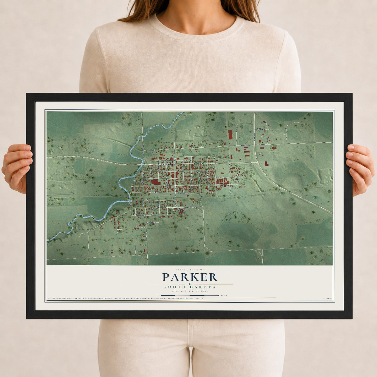 Map of Parker, South Dakota, 12 x 18 inch print in a black wood frame