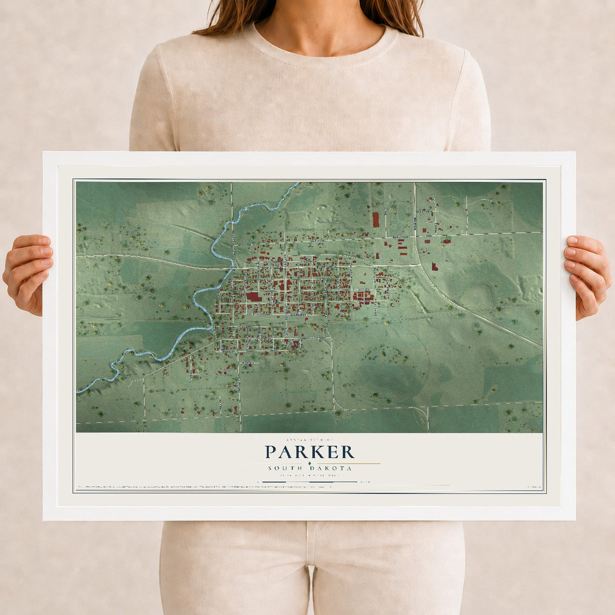 Map of Parker, South Dakota, 12 x 18 inch print in a white wood frame