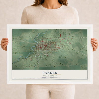 Map of Parker, South Dakota, 12 x 18 inch print in a white wood frame
