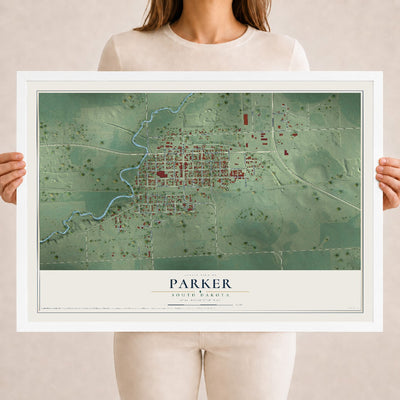 Map of Parker, South Dakota, 18 x 24 inch print in a white wood frame